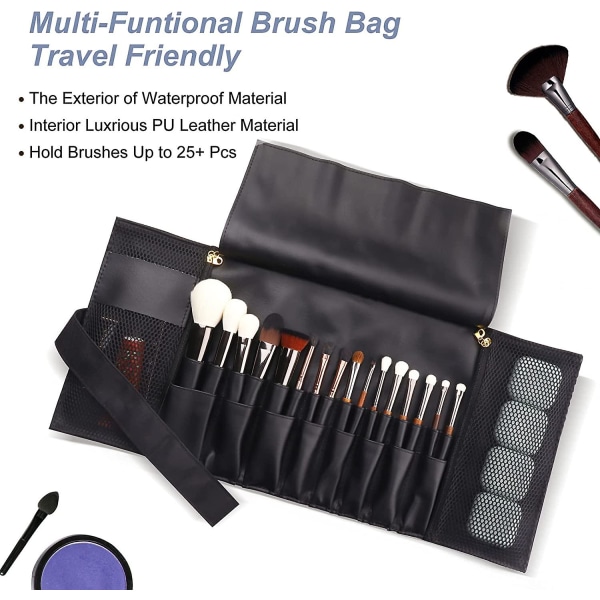 Svart sminkborsteorganisatör - resefodral för sminkborstar - kosmetikaväska - bärbar sminkväska för makeup-artister rymmer mer än 20 borstar - vattentätt material
