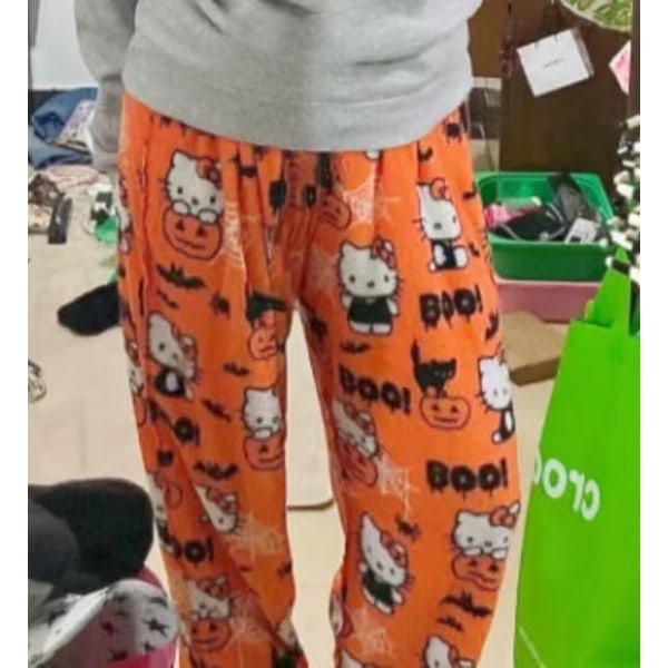 Søte tegneserie-pyjamasbukser for kvinner med trykk overalt Flanell-pyjamas Jul Halloween Varme hjemlige sovegraffitibukser Stil-2 Medium