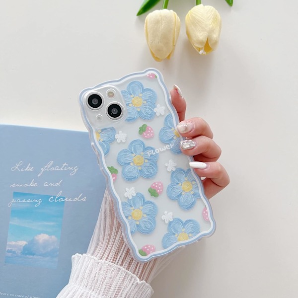 Kompatibelt med iPhone 13 Skal för Kvinnor Flickor, Sött Blommigt Mönster Skyddsskal Mode Slim Mjukt Silikon TPU Skyddande Stöttåligt Skal blue iPhone 13