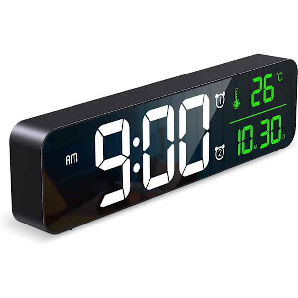 Digital Klocka Stor Display, Vägg Vardagsrum Temp & Datumvisning Elektroniska Klockor, LED Spegel 40 Musik, 2 Alarm, 6 Ljusstyrka Dimmer, 4 Volym black