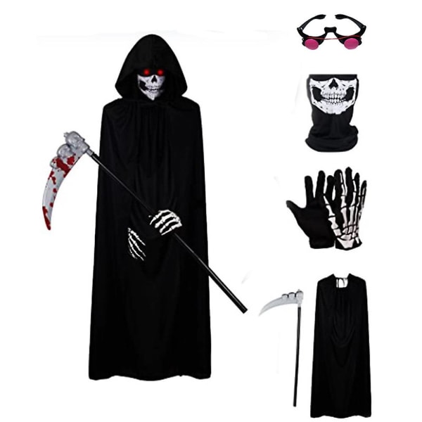 Halloween Grim Reaper Cosplay Kostume Børn Voksne Kåbe Med Le Handsker Outfit