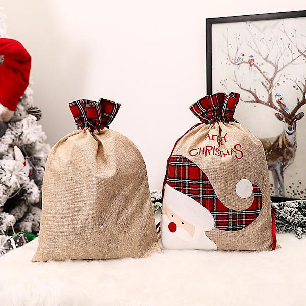 2 Pakke Julegaveposer med Nisse, Store Julegaveposer i Lin med Snøring for Gaveinnpakning, 56 x 39cm Gjenbrukbare Gaveoppbevaringsposer