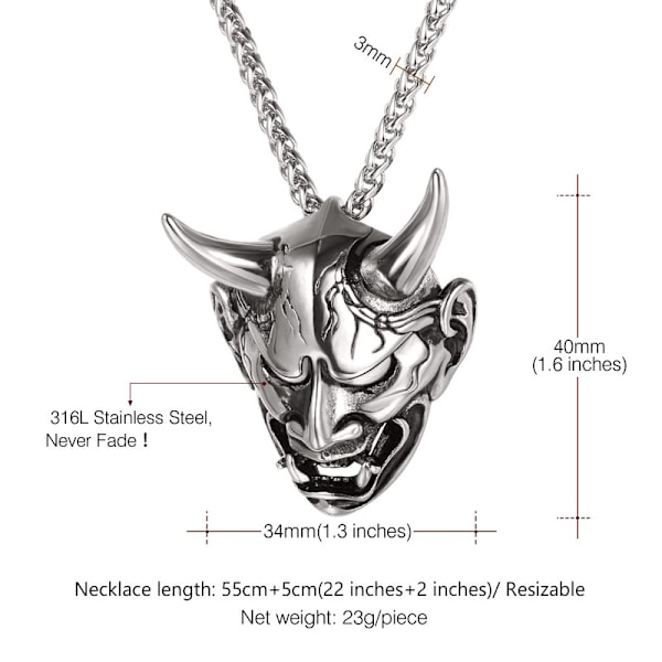 Maskhalsband, Herr Gotisk Punk Hänge, Rostfritt Stål Silver Svart Personligt Evil Demon Horn Smyckeshalsband med 22 Tums Kedja