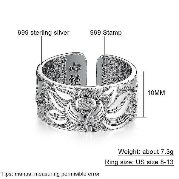99 Silver Lotus Ring Med Hjärtats Sutra Justerbar Öppen Ände Finger Ring Smycken Gåvor