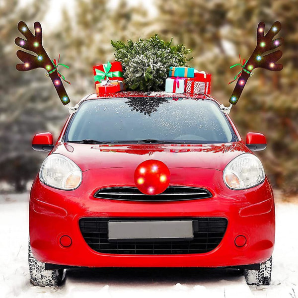 Bilreinsdyr, bilsett med led lys,reinsdyrbilsett,nese,hale,julepynt til bil Brown