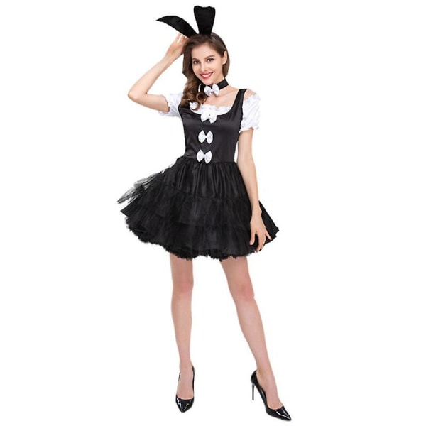Klassisk Fancy Bunny Girl Tuxedo Style Sort Kjole Cosplay Kostume Hale Ører Sæt S