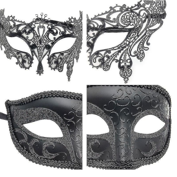 2kpl Couples Masquerade Masks Set mustat puolinaamarit tanssijoille