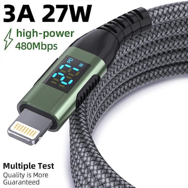 2m USB C till Lightning-kabel Digital Display PD 27W Snabbladdning Nylonflätad Sladd Multicolor Black