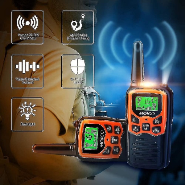 Kryc Walkie Talkies, Langdistanse Walkie Talkies for voksne med 22 FRS-kanaler, familiewalkie talkie med LED-lommelykt Vox LCD-skjerm for fotturer