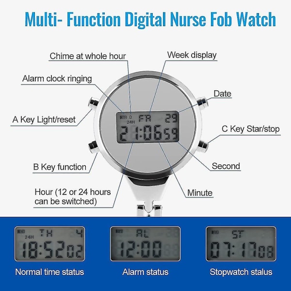 Hoitajan watch, monitoiminen digitaalinen watch rintaneula Sairaanhoitajan watch valaisevalla kalenterilla