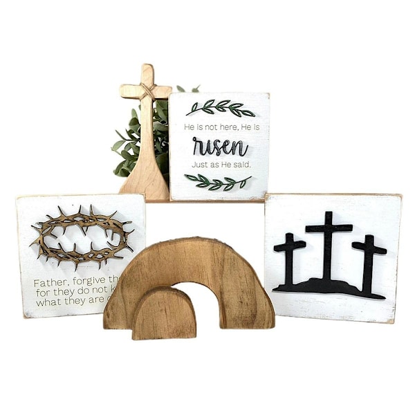 5 st Jesus grav-påskbricka buntkit, han är trä påsk Jesus skylt nivå bricka dekorationer, påsk nivå bricka