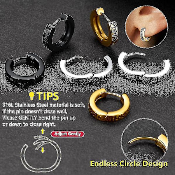 Norse Viking Runes -korvakorut miehille ja naisille, 12 mm:n Huggie-korvakorut RWW