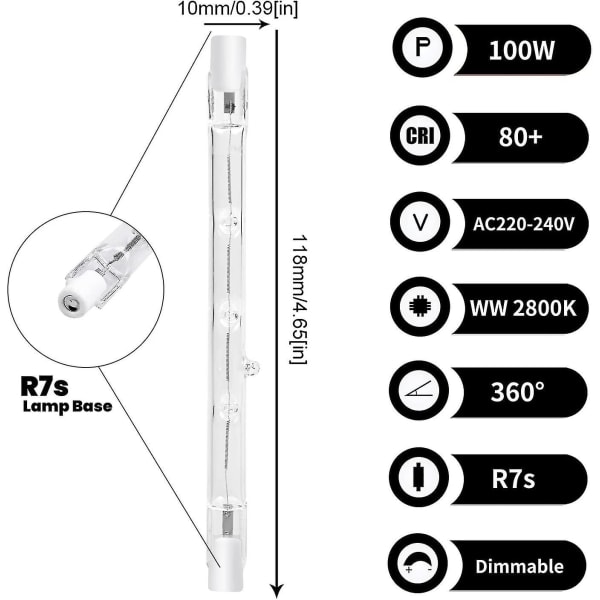 100w 118mm R7s Dimbar Halogen Pære Varmt Hvit 2800k R7s Lineær 1500lm Spotlight Ac220-240v(5stk)_th