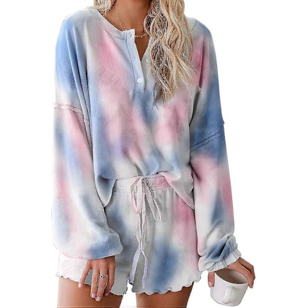 Dam Tie Dye Tryckt Rynkad Kort Loungewear Set Långärmad Toppar och Shorts 2-Delar Pyjamas Set Nattkläder style987