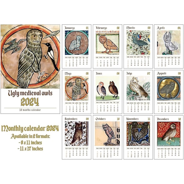 Mærkelig middelalderlig uglekalender 2024, sjov uglevægkalender, grimme middelalderlige uglemalerier Kalender, hvid elefantgave til fugleelskere