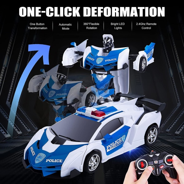 2-i-1 bil (hvit) Fjernkontrollrobot, 1:18 Transformer Lekegave For Gutter Jenter 3 4 5 6 7+ år gammel, Rc Bil Robot Leker Transformerbar 2,4ghz Police Ca
