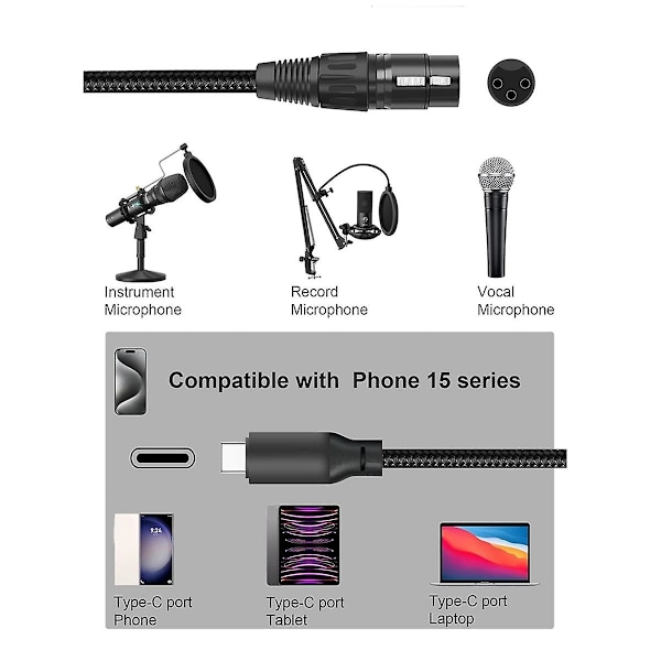 XLR til USB C USB C til XLR til telefon til mikrofon XLR til USB-kabel til tablet, bærbar computer og anden type