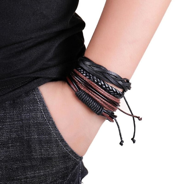 4pcs Mens Handmade Leather Braided Surfer Wristband Bracelet Bangle Wrap Black