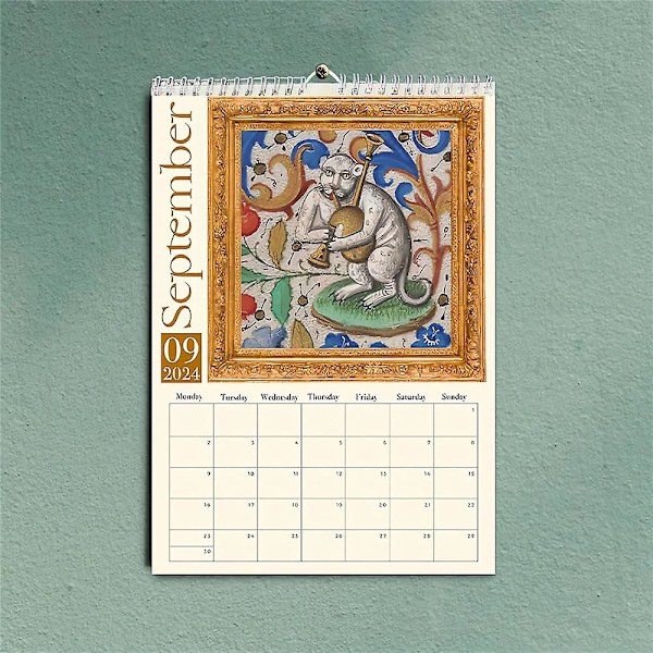 Konstig medeltida katter kalender 2024 roliga katter väggkalender månatlig hängande gåva papper söta kalendrar kontor hem djur väggmonterad dekor