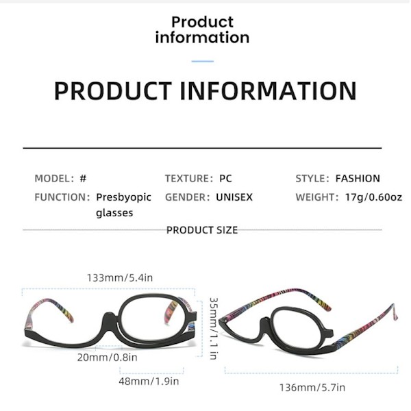 Pyörivä meikkilukulasit Taittolasit MUSTA Musta Black Strength 2.50-Strength 2.50
