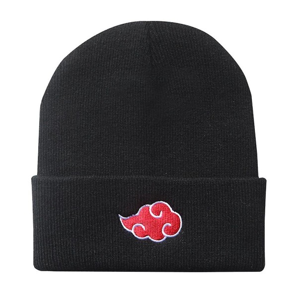 Vinter mjuk stickad mössa Anime Naruto Akatsuki Red Cloud Broderi Cap Black