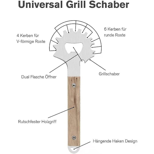 Bbq Grill Grillskrape - Rustfritt Stålskrape Med Korketrekker Trehåndtak Bbq Renhold Tilbehør Passer Til De Fleste Grillrister