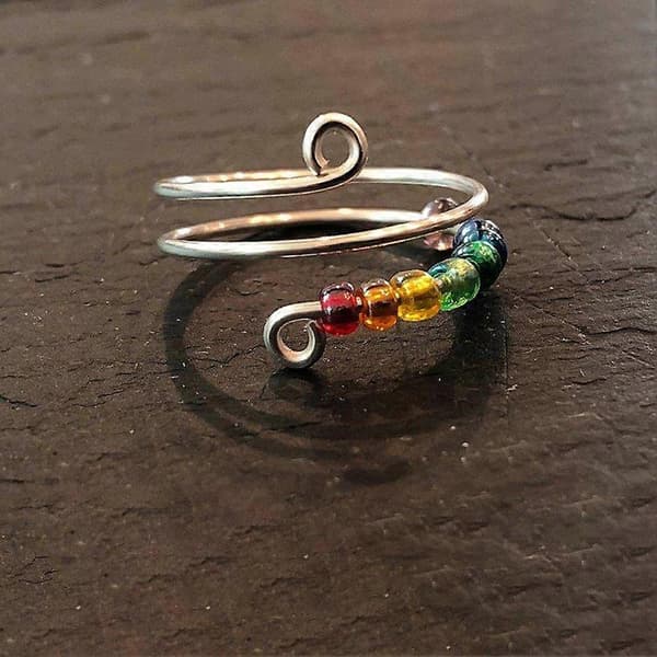 Justerbar angstring Roterende ring med perler Regnbueperler Damer Dekompresjon Golden Box