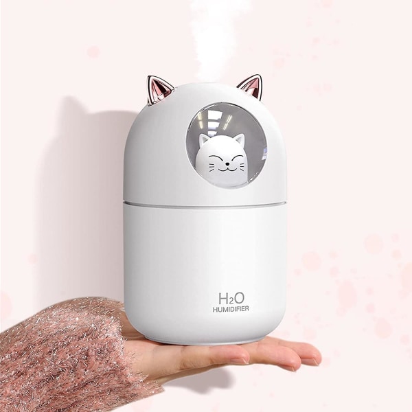 Liten luftfuktare - 300 ml Cat Shape Air Aroma Diffuser | Uppladdningsbar luftfuktare med nattljus, egenvård, hudnärande, återfuktande vit