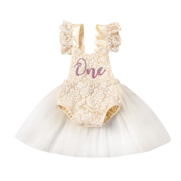 Baby Romper Dress With Mesh Hem Little Princess Lace Flue Sleeve Backless Onesies Bursdagsantrekk Beige 3-6 Months