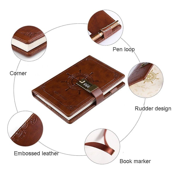 Dagbog med lås Læderjournal Adgangskode Kombination Lås Notebook Hemmelig Journal Skrive Notebook Pu Brun Stil