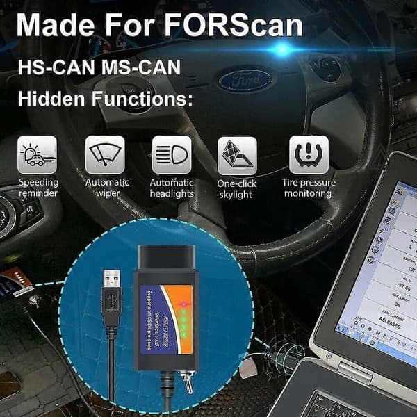 ELM327 Programvara OBD2 Scanner Adapter USB Diagnostikverktyg Kabel för Ford