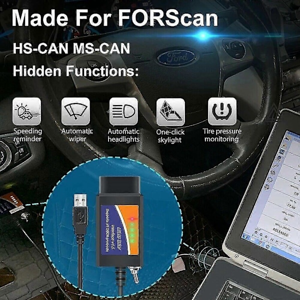 ELM327 Software OBD2 Scanner Adapter USB Diagnostisk Værktøjskabel til Ford