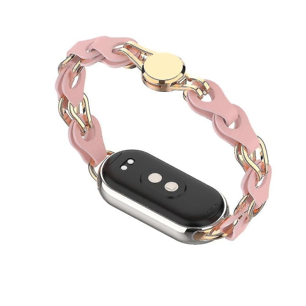 Til Xiaomi Smart Band 8 magnetisk urbånd Ægte ko læder + kædearmbånd i aluminiumlegering Pink