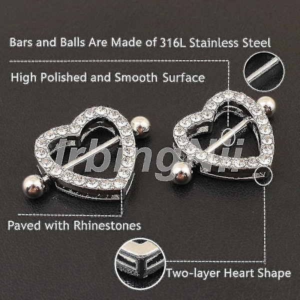 2 par Hjerte Brystvorte Ringe 316l Rustfrit Stål Brystvorte Piercing Barbell 14g To-lags ZD NJ