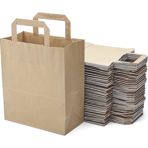 Pakke med 50 brune bæreposer i kraftpapir med flate håndtak - 21x11x25 cm - Bærepose/gaveinnpakning til bursdag, jul, bryllup.