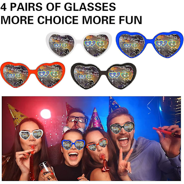 4 st hjärtformade diffraktionsglasögon, 3d hjärtformade solglasögon