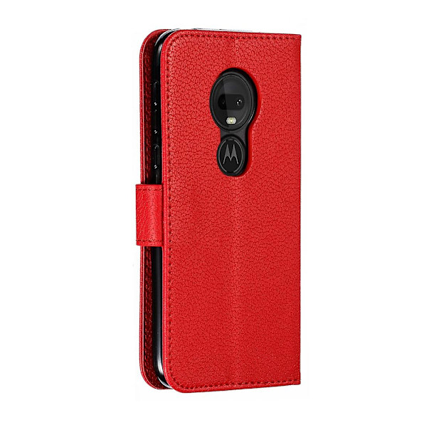 Sulka-kuvioitu litchi-tekstuuri vaakasuora läppäkotelo lompakolla ja pidikkeellä ja korttipaikoilla Motorola Moto G7 Play -puhelimeen Red