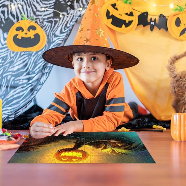 Halloween Pussel - Pumpa Lykta Mönster Träpussel Leksak, Heminredning Interaktiv Hjärngympa, Pedagogiskt Höstpussel för Barn 8-10 År