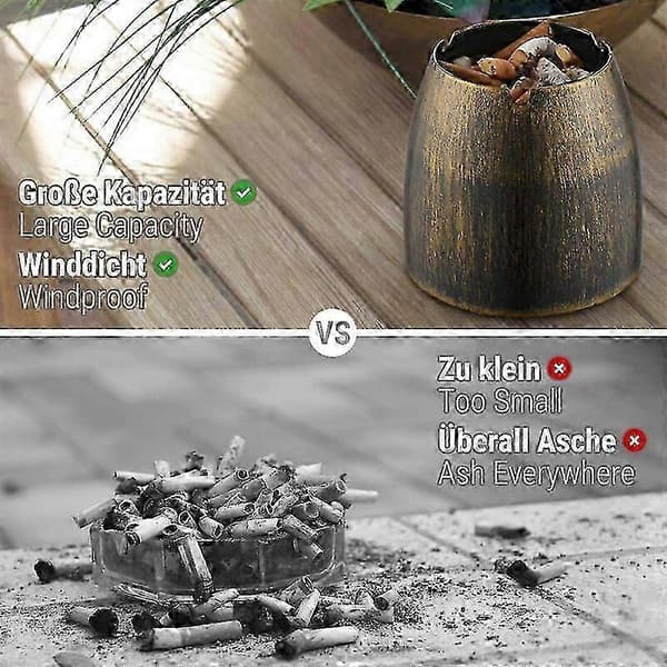 Stor vindtæt askebæger i rustfrit stål til udendørs terrasse, balkon, have, skridsikker base, rummer mange cigaretskodder