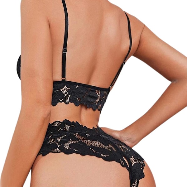 Naisten pitsi läpikuultava alusvaatesetti Push Up Bar Thongs läpinäkyvä alusvaatteet yöasut Black L