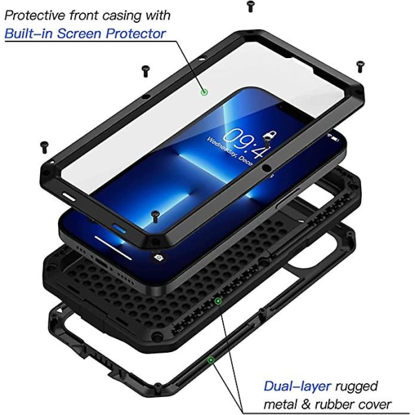 Ekstremt robust deksel for iPhone 13 Pro, støtsikkert deksel, robust rustning metalldeksel med [herdet glass skjermbeskytter], 360 full beskyttende deksel for