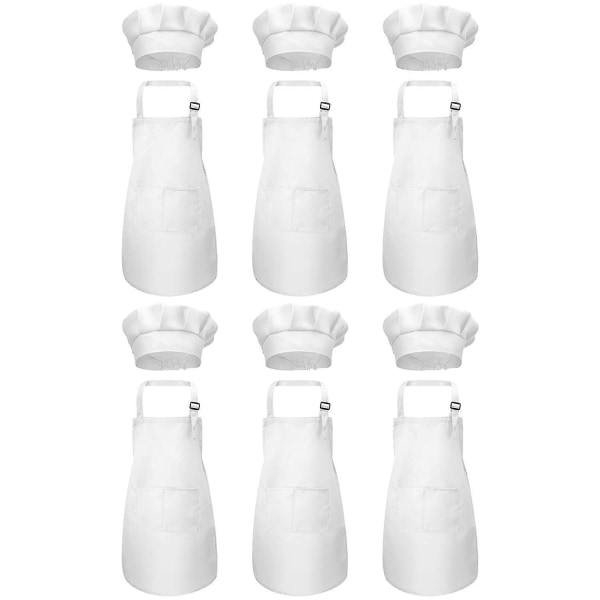 12-delars förkläde och kockmössa set, justerbart barnförkläde med fickor (vit, lämplig för 2-6