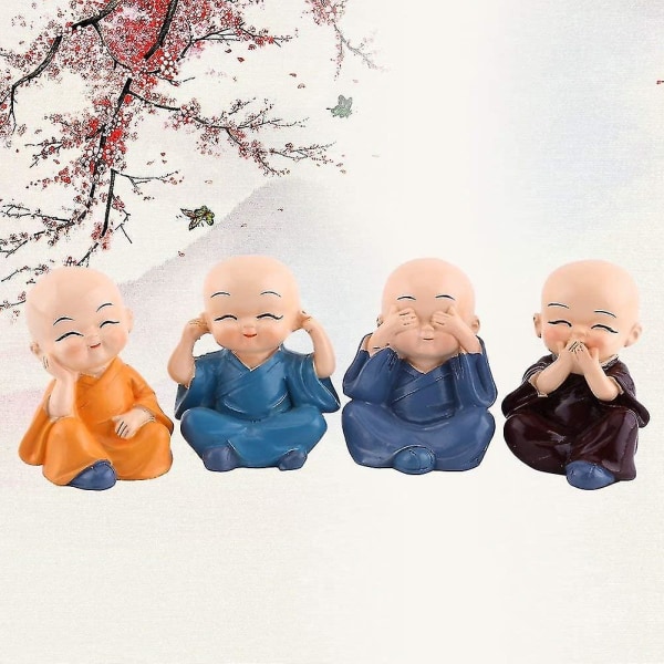 Neljän munkin koriste-hartsi-askartelukoriste, neljä pientä buddha-munkkihahmosta kodinsisustus (4kpl, monivärinen)