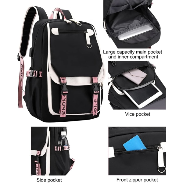 Ryggsäck för tonårsflickor Middle School Studenter Bokväska Outdoor Daypack med USB laddningsport Svart Rosa