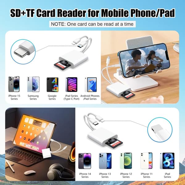 2-in-2 Lightning + USB C to SD Card Reader iPhone White - SD Card Reader 2-in-2 Lightning + USB C Card Reader