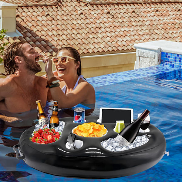 Oppustelig drikkevareholder, 8 huller flydende poolbar, drikkekopholder frugtsalatbuffet pool tilbehør til voksne til pool strandfest sjov (sort)