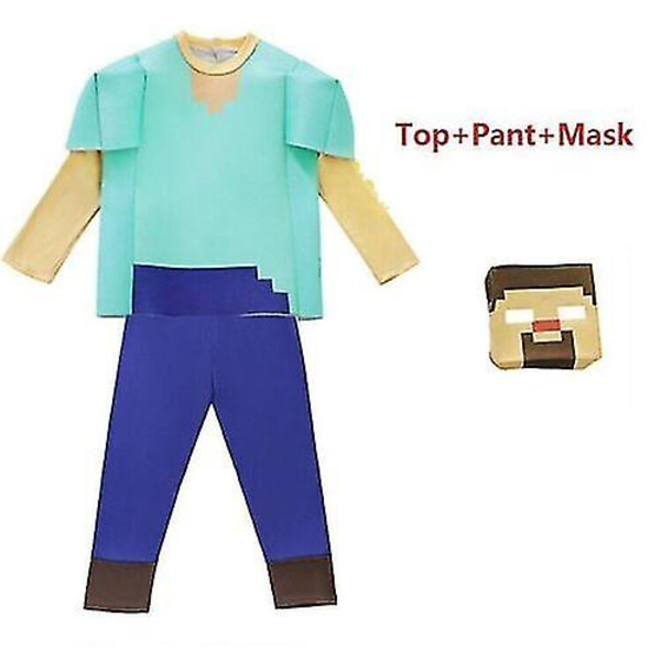 Minecraft Cosplay Maskeraddräkt Barn Pojkar Flickor Fest Kostym Presenter BlueTop  Pant  Mask M 5-7Y 115-125cm