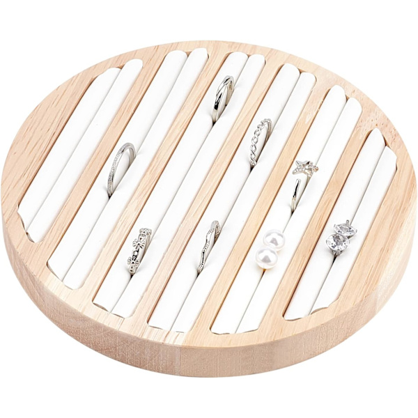 Træ Smykke Display Bakke, 6 Slots Ring Ørering Display Opbevaring Holder Hvid Læder Indsæt Organizer Smykke Display Detailhandel, 14.95x1.7cm