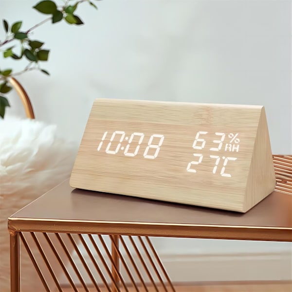Digitaalinen herätyskello, puinen elektroninen LED-näyttö, jossa aika, päivämäärä, lämpötila, kosteuden tunnistus, 3 hälytysasetusta, 3 kirkkaustasoa brown & White