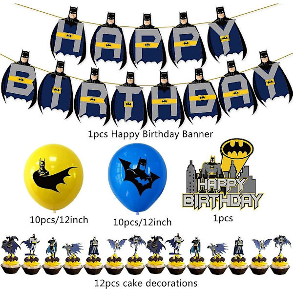 Batman-ilmapallo syntymäpäiväkoristeet Batman-teema syntymäpäiväjuhlan koristeet, mukaan lukien banneri, kakkukoriste, ilmapallot lasten syntymäpäiväjuhlatarvikkeisiin